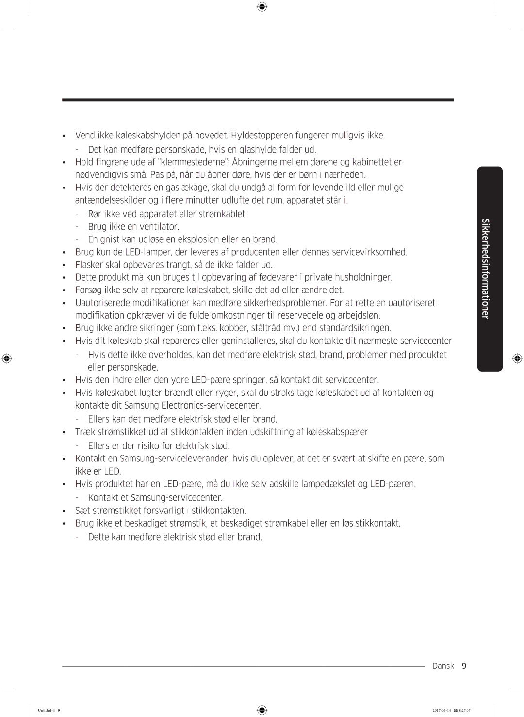 Samsung RF60J9020WZ/EE manual Dansk 9  